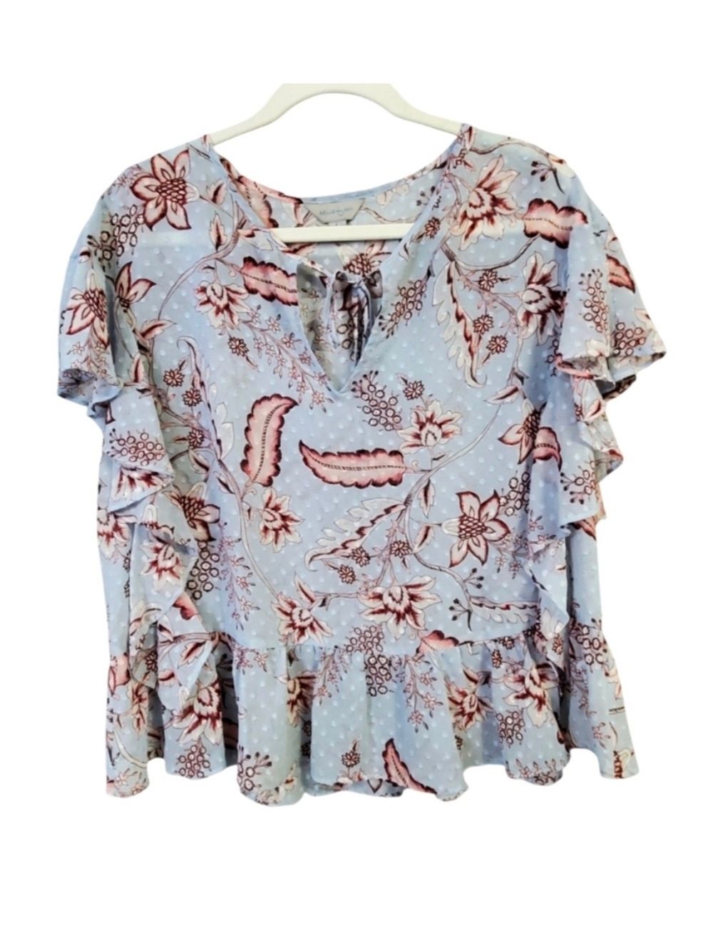 Belle & Sky Light Blue Floral Ruffle Peplum Tie-Front Blouse